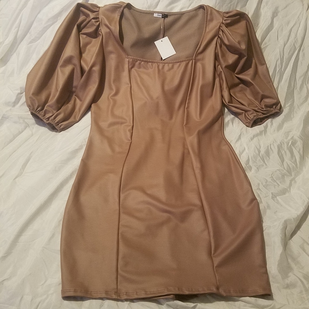 Fashion Nova Tan Mini Faux Leather Dress